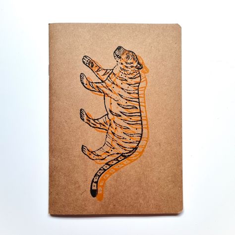 *SAMPLE* A hand-block printed design onto a Seawhite Eco Sketchbook. A5 sized, blank pages. Acid-free. A5 Sketchbook, Tiger 2, Tiger Wood, Wood Blocks, Blank Book, Printed Design, Journal Notebook, Book Journal, Block Print