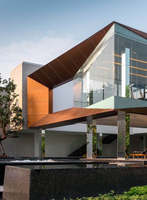 Gallery of Baan Klang Mueang Clubhouse / ForX Design Studio - 16 Club House Architecture, Clubhouse Design, Modern Architecture Design, Modern Architecture Building, Modern House Facades, Architecture Model House, Bungalow Design, Glass Repair, Designer Studio