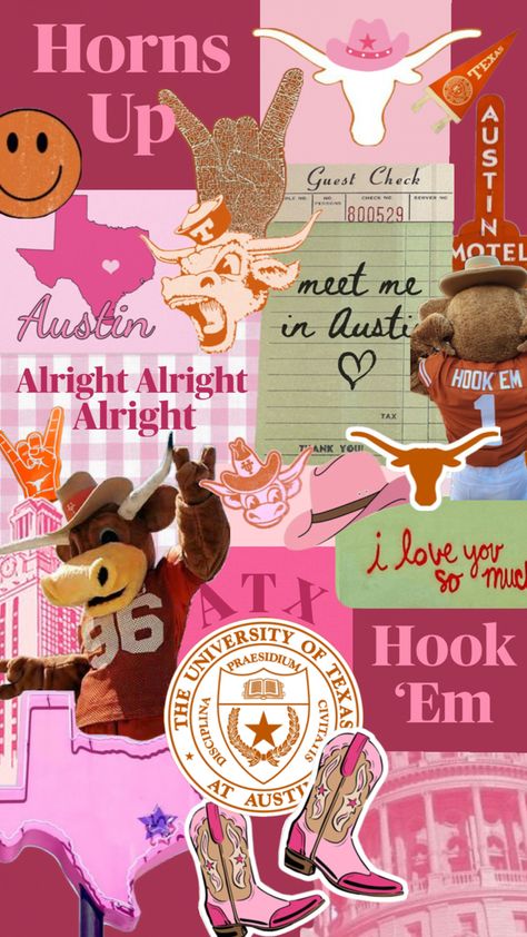 Pink, collage, The University of Texas at Austin College Canvas, Ut Longhorns, College Vision Board, Life Quotes Wallpaper, Hook Em Horns, Texas Christmas, M Wallpaper, Ut Austin, Dream School