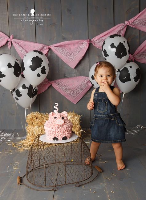 Girl farmer cake smash. Www.jeneanne.com Girls Farm Birthday, Cow Birthday Parties, Deco Buffet, Barnyard Birthday Party, Birthday Party Girl, Foto Kids, Farm Theme Birthday, Farm Animals Birthday Party, Farm Themed Birthday Party