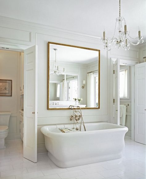 Mirror Above Bathtub, Transitional, Bathroom, Cynthia Carlson Associates, wood paneling, waterworks tub Master Suite Remodel, White Rooms, Bathroom Floor Tiles, Restaurant Interior Design, Farmhouse Bathroom, Beautiful Bathrooms, White Bathroom, Floor Decor, Bathroom Inspiration