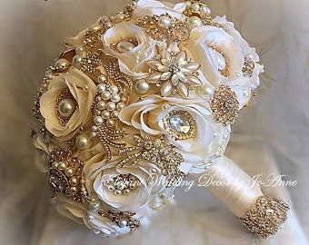 Royal Blue Brooch Bouquet Gold Ivory Brides Wedding Bouquet | Etsy Quince Bouquet, Rose Gold Brooch Bouquet, Gold Wedding Bouquets, Rose Gold Bouquet, Quinceanera Bouquet, Ivory Bouquet Wedding, Beaded Bouquet, Elegant Brooch, Gold Bouquet