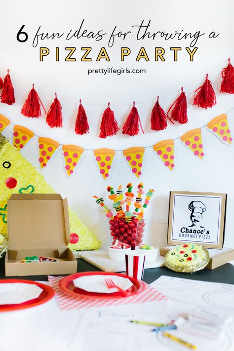 Best Pizza Party Ideas for the Most Epic Pizza Party Ever! - The Pretty Life Girls #partyideas #diypartyideas #easypartyideas #pizzaparty #cheappartyideas #birthdaypartyideas #familypartyideas #sportspartyideas Pizza And Cupcake Birthday Party, Pizza Birthday Photoshoot, 3rd Birthday Pizza Party, Pizza Theme 3rd Birthday, Girly Pizza Party, Diy Pizza Party Decorations, Pizza Party Backdrop, Pizza And Pajamas Birthday Party, Christmas Pizza Party