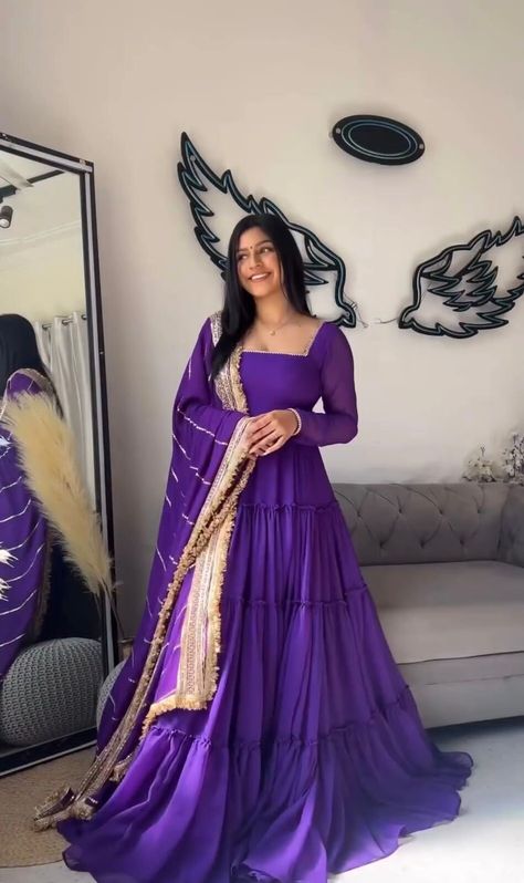 Flare Long Gown, Maroon Dupatta, Purple Anarkali, Shop Gowns, Readymade Blouses Online, डिजाइनर कपड़े, Georgette Anarkali Suits, Long Frock Designs, Georgette Gown