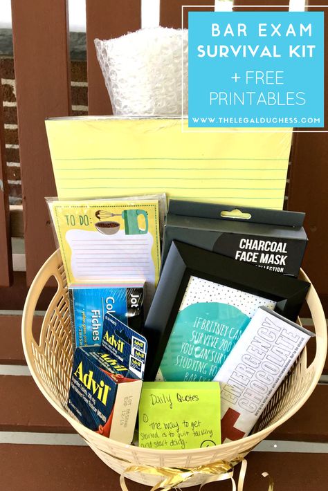 Have a friend studying for the Bar Exam? Make them a little survival basket to help them through. Full list of included items + free printables included! Bar Exam Survival Kit, Exam Survival Kit, Survival Basket, Bar Exam Prep, Emergency Chocolate, Exams Gift, Survival Essentials, School Prep, Bar Exam