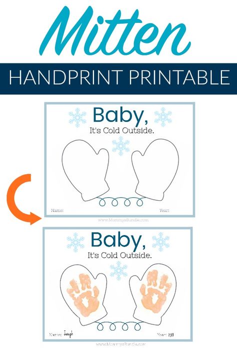 Easy 'Baby It's Cold Outside' winter craft idea using your baby's handprint on this printable mitten template. Cute keepsake idea for babies and toddlers. #winter #handprint Winter Lesson Plans For Infants, Infant Winter Activities Daycare, Mitten Handprint Craft, Mitten Art For Toddlers, Mittens Crafts For Toddlers, Toddler January Crafts, January Crafts For Infants, January Art For Toddlers, Winter Art For Infants