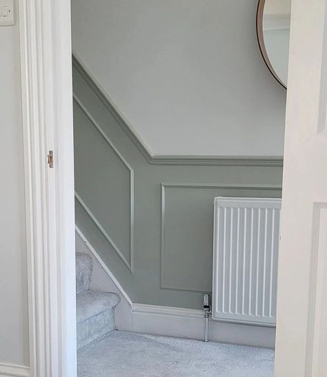 Bathroom Panelling Colour Ideas, Entrance Way Panelling, Panelled Hallway Stairs Colours, Wall Panelling Ideas Hallway, Half Height Panelling Hallway, Hall Ways Ideas Panelling, Beading Panelling Hallway, Panelling Hallway Colours, 1920s Panelling