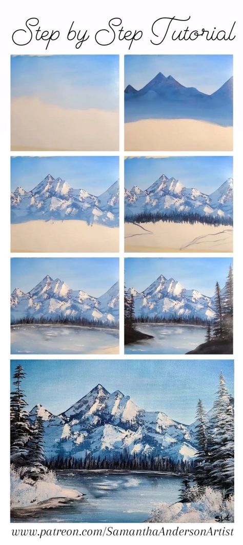 Easy Snowy Mountain palette knife acrylic painting tutorial Step By Step Painting Mountains, Learning Acrylic Painting, Mountain Landscape Painting Tutorial, Snow Mountain Painting Acrylic, How To Paint Mountains Step By Step, Snowy Mountains Painting Easy, How To Paint Snowy Mountains, Step By Step Mountain Painting, How To Learn Painting