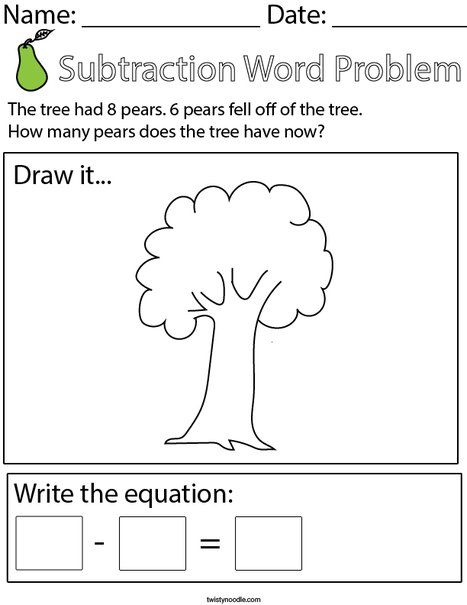 Pear Subtraction Word Problem Math Worksheet - Twisty Noodle K3 Activities, English Conversation For Kids, Kindergarten Math Worksheets Addition, Literacy Activities Preschool, Subtraction Kindergarten, Phonics Worksheets Free, Cvc Words Kindergarten, Twisty Noodle, Subtraction Activities