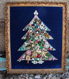 Collage & Mixed Media - Etsy Art Antique Crafts, Decorated Trees, Vintage Upcycle, Jewelry Trees, Tree Collage, Old Jewelry Crafts, Jeweled Christmas Trees, Jewelry Frames, Folk Art Jewelry