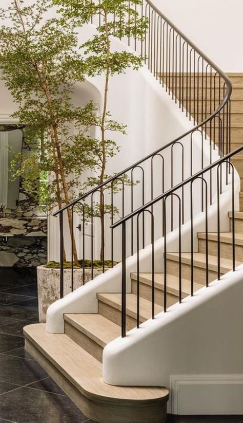 Contemporary Iron Railing, Custom Stair Railing, Drywall Railing, Walnut Stair Railing, Staircase Steel Railing Design, Modern Farmhouse Staircase Railing, Wood And Iron Stair Railing Modern, Arch Staircase, Outside Staircase