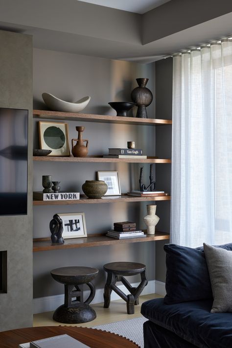 Media Floating Shelves, 3 Long Floating Shelves Living Room, Black Brown Floating Shelves, Floating Shelves Concrete, Beige Floating Shelves, Stone Floating Shelves, Walnut Floating Shelves Living Room, Wall Shelf Built In, Wall Shelves Design Office