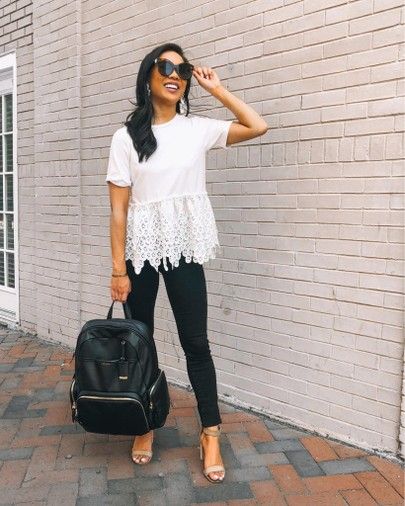 The best work and travel leather backpack. It’s expensive but worth every penny and looks professional with your work outfit. Lace hem peplum top, high waisted dark wash jeans for an easy casual weekend outfit. http://liketk.it/2Nana #liketkit @liketoknow.it #LTKspring #LTKworkwear #LTKtravel Tumi Backpack Women Outfit, Peplum Dresses, Tumi Backpack, Jeans For Fall, Lace Peplum Dress, Casual Weekend Outfit, Lace Tee, Backpack Women, Mommy Style