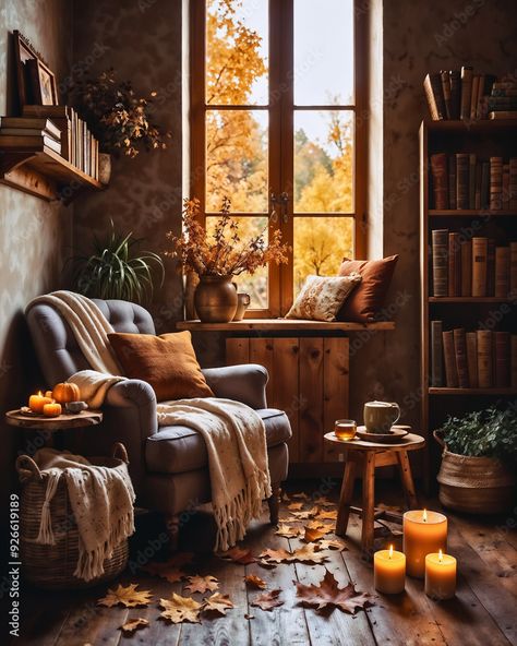 Rustic Cozy Fall Reading Nook with Organic Cotton Blankets, Golden Leaves, and Wooden Decor Stock Photo Organic Cotton Blanket, Fall Reading, Golden Leaves, Wooden Decor, Cotton Blankets, Cozy Fall, Reading Nook, Nook, Blankets