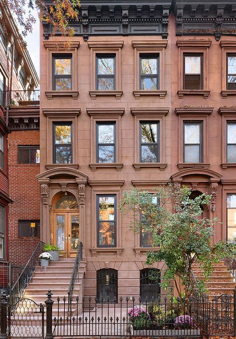 For sale: $3,995,000. Introducing 87 6th Avenue. Nestled on a lovely tree-lined North Park Slope block, this completely reimagined townhome seamlessly integrates old-world Victorian architecture with a clean, modern sensibility. Original details abound--including moldings, casings, seven marble mantels and restored doors and plasterwork, as well as authentic herringbone floors that were bleached and stained, giving them a soft, modern look and feel; this entire renovation was executed with a pre Brooklyn Townhouse Exterior, Boston Brownstone Interiors, Old New York Apartment, Nyc Brownstone, Brownstone Homes, New York Brownstone, Herringbone Floors, Nyc Townhouse, Ipe Decking