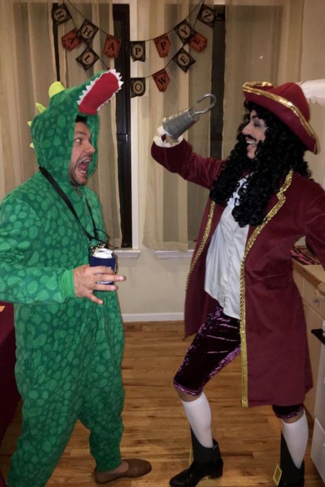 Captain Hook and Tick Tock Croc costume is one of over 30 ideas for two people on Halloween. Funny Couples Costumes Hilarious Homemade Halloween, Funny Character Costumes, Diy Captain Hook Costume, Croc Costume, Couple Halloween Costumes Funny, Smee Costume, Miss Piggy Costume, Hook Costume, Barbie And Ken Costume