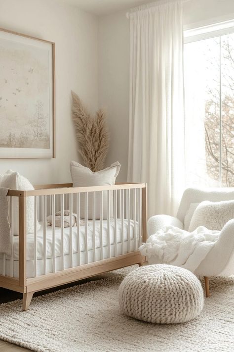 29 Vintage Modern Nursery Ideas to Inspire Your Baby’s First Room 22 Baby Nursery Rocking Chair, Beige Nursery Room, Nursery With White Walls, Baby Nook In Parents Room, Sharing Bedroom With Baby, Modern Nursery Neutral, Modern Baby Nursery Girl, Nursery Ideas Aesthetic, Nursery Ideas Neutral Modern