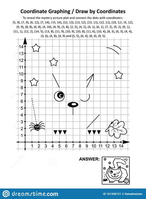 Coordinate graphing, or draw by coordinates, math worksheet with Halloween cat, lying in wait for prey. Illustration about connect, games, halloween, black, coordinate - 161338121 Graph Pictures, Halloween Graphing, Picture Graph Worksheets, Coordinates Math, Coordinate Graphing Mystery Picture, Mystery Picture Graph, Halloween Coordinate, Coordinate Plane Worksheets, Coordinate Graphing Pictures