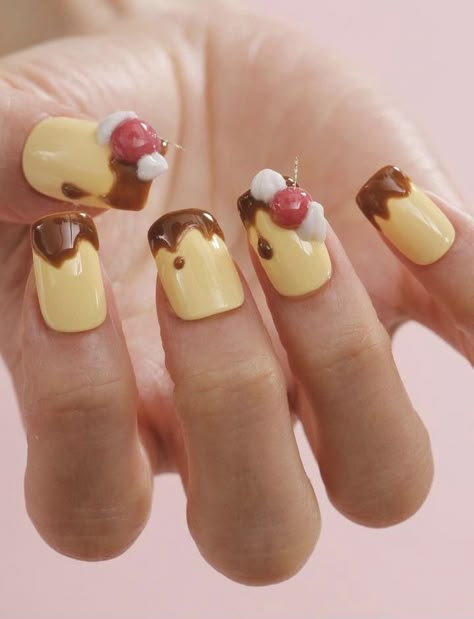 Nail Art Yellow, Dessert Nails, Cake Nails, Food Nails, Yellow Nail, Really Cute Nails, Kawaii Nails, Cute Nail Art, Funky Nails