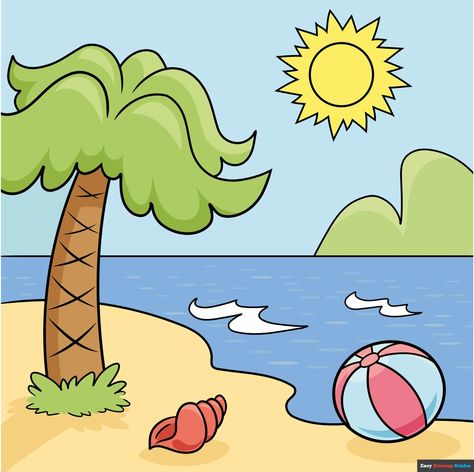 Learn How to Draw Cartoon Beach: Easy Step-by-Step Drawing Tutorial for Kids and Beginners. See the full tutorial at https://easydrawingguides.com/how-to-draw-a-cartoon-beach/ . Step By Step Drawing For Kindergarten, Beach Cartoon Drawing, How To Draw A Beach, Beach Drawing For Kids, Summer Drawing For Kids, Thumbprint Painting, Beach Drawing Easy, Beach Drawing Ideas, Summer Drawings Easy