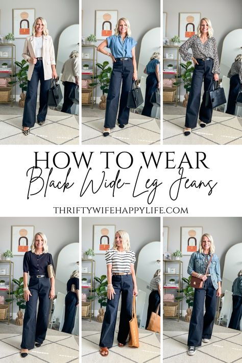 How to Wear Black Wide-Leg Jeans - Thrifty Wife Happy Life T Shirt And Wide Leg Jeans, Sweaters With Wide Leg Jeans, Wide Leg Jeans Outfit Winter Ankle Boots, Wide Leg Jeans Business Casual, Wife Leg Black Pants Outfit, Black Wide Leg Denim Outfit, Wide Leg Jeans Black Outfit, Black Wide Leg Pants Outfit Spring, Black Wide Leg Dress Pants Outfit