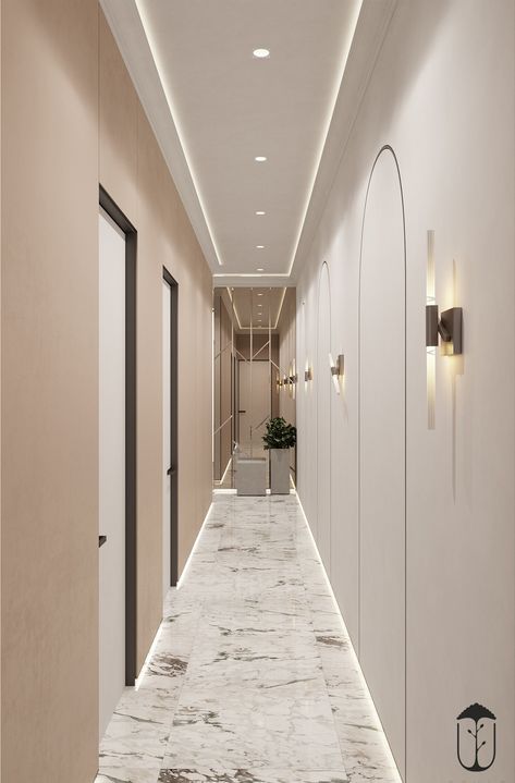 UI029 on Behance Corridors Design Home, Gallery Corridor, Art Deco Style Interior, Gypsum Ceiling Design, Corridor Design, Gypsum Ceiling, Corridor Lighting, تصميم داخلي فاخر, House Ceiling Design