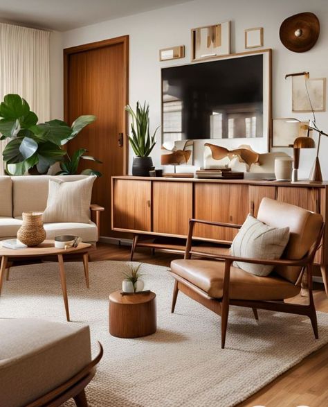 Retro And Modern Living Room, Layout Design Living Room, Scandinavian Mcm Living Room, Mid Century Natural Decor, 50 Interior Design, Mid Modern Interior Design, Living Room Timeless, Modern Midcentury Interior Design, Mid Century Modern Style Living Room