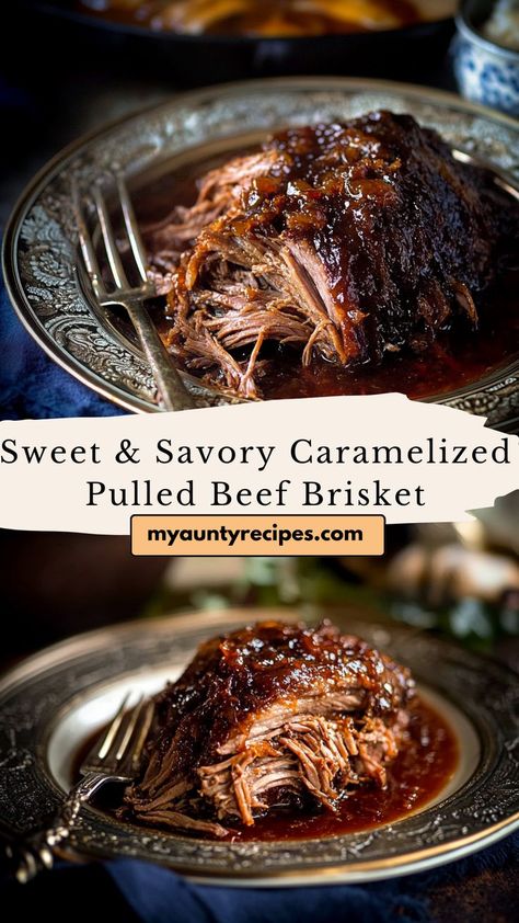 Slow-Cooked Caramelized Beef Brisket is a mouthwatering dish with a sweet, savory glaze. Ideal for cozy fall recipes, it’s easy to make and offers a tender, flavorful meal perfect for family gatherings or special dinners. Brisket Pot Roast Slow Cooker, Sweet Brisket Recipes, Bbq Chuck Roast Crock Pot Recipes, Pulled Brisket Crock Pot, Shredded Brisket Recipes Crockpot, Easy Brisket Recipes Crockpot, Beef In Slow Cooker Recipes, Paleo Brisket Recipes, Different Beef Recipes