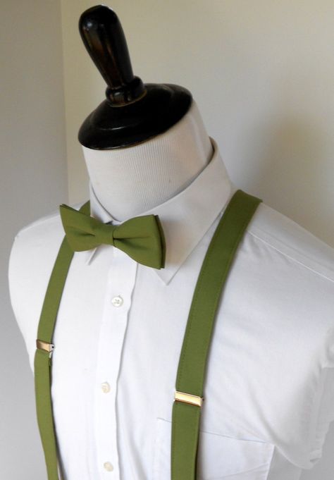 Olive Green Bow Tie and Suspenders for Men | Etsy Green Bowtie, Olive Green Weddings, Olive Wedding, Green Bow Tie, Bowtie And Suspenders, Suspenders Set, Trumpet Wedding Dress, Green Bows, Rose Gold Hardware