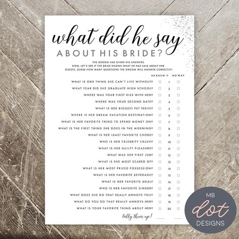 This Party Games item by MBdotDesigns has 58 favorites from Etsy shoppers. Ships from United States. Listed on 16 Aug, 2024 What Did He Say, Bridal Shower Questions, Bride Game, Fun Bridal Shower Games, Printable Bridal Shower Games, Game Black, Bachelorette Party Games, Bridal Shower Game, Bridal Shower Games