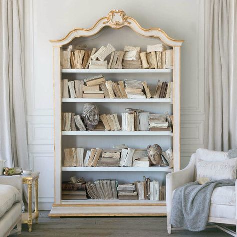 Eloquence® Rousseau Antique Reproduction Bookcase in Gilt and Pale White Finish in a French Style Living Room French Style Bookshelf, White Vintage Bookshelf, French Provincial Bookshelf, Rococo Bookshelf, White Antique Furniture, French Country Bookshelf, Aesthetic White Bookshelf, French Country Bookshelves, Ornate Bookshelf