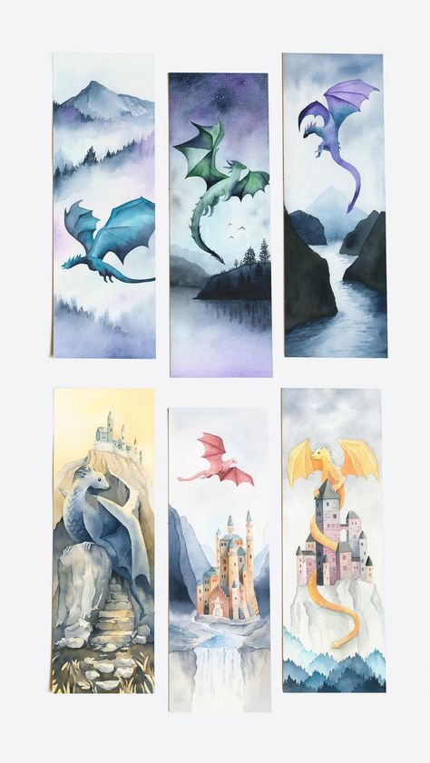 Dragon bookmarks, set of 6 printable fantasy downloads, fairytale watercolor bookmarks, dragons and castles, magical landscape, bookish gift https://etsy.me/3TZIuN7 #dragonbookmark #fantasybookmarks #mythicalcreatures Watercolor Art Fantasy Landscape, Dragon Bookmark Printable, Watercolor Fantasy Art Easy, Watercolor Landscape Bookmark, Fantasy Bookmark Ideas, Dragon Watercolor Painting, Landscape Bookmarks, Watercolor Bookmarks Ideas, Watercolor Fantasy Art