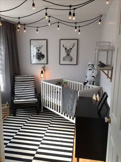 Monochromatic nurserybaby boyikea hackstormtrooper Black And White Boy Nursery, Monochrome Nursery Boy Rooms, Nursery String Lights, Monochrome Nursery Girl, Nursery Ideas Black And White, Monochromatic Nursery, Monochrome Baby Room, Black Nursery Ideas, Baby Room Boy