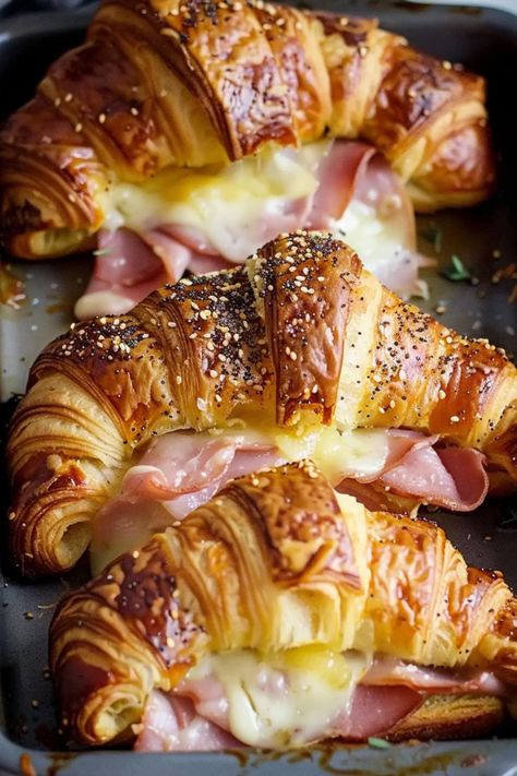 Toasted Croissant Sandwich, Croissant Ham Bake, Croque Monsieur Recipe Croissant, Turkey And Cheese Croissant Sandwich, Fancy Croissant Sandwiches, French Croissant Sandwiches, Food With Croissants, Crossiant Meals, Croissant Toast Recipe