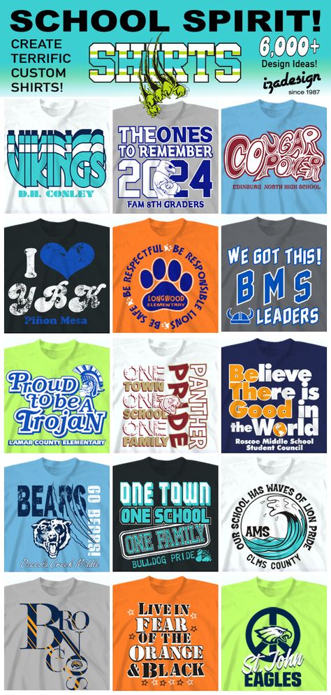 School spirit shirts and school spirit wear.  Choose from thousands of designs.  Customize with your school logo, school mascot, school colors, school name and student names.  IZA Design - providing schools with custom shirts since 1987!  We've got the best designs, period!!!  #schoolspiritshirts  #schoolspirit  #spiritshirts High School Tee Shirt Designs, Middle School Spirit Shirts, School Shirt Ideas Elementary, High School Fan Shirts, Elementary School Shirts Spirit Wear, School Tshirt Designs Trendy, School Logo Shirt Ideas, Catholic School Spirit Shirts, School Athletic Shirts