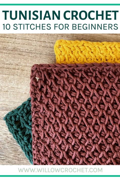 Learn about these 10 easy Tunisian Crochet stitches and watch video tutorials about how to do them. #crochet #tunisiancrochet #crochetstitiches Tunisian Crochet For Beginners Tutorials, Tunisian Crochet Brioche Stitch, Tunisian Crochet Scarf Pattern Free Stitches, How To Start Tunisian Crochet, Tunisian Simple Stitch Tutorials, Tunisian Crochet Waffle Stitch, Tunisian Double Crochet Stitch, Tunsinian Crochet Blanket, Tunisian Crochet Patterns Headbands