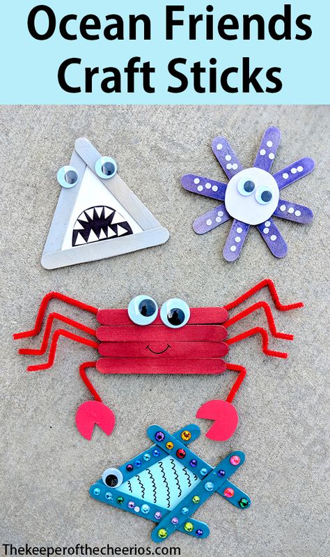 Cute Summer Crafts For Kids, Summer Time Arts And Crafts For Kids, Popsicle Stick Crafts Toddlers, Ocean Friends Craft Sticks, Under The Sea Projects For Kids, Ocean Crafts For Kindergarten, Cute Summer Crafts For Toddlers, Ocean Week Crafts, Kids Crafts For Summer