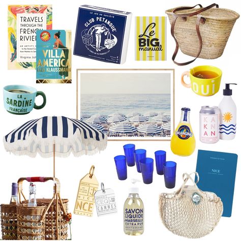 Moodboard inspired by the south of france. French riviera gift inspo, gift ideas for francophiles. Packing list for the cote d’azur. French riviera style. The great gatsby, st tropez, travels on the french riviera.