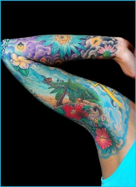 Beach Tattoos | Via Candice Clinkscale McCord Patchwork Sleeve Tattoo For Women Floral, Tropisches Tattoo, Armpit Tattoo, Hot Rod Tattoo, Cool Tattoos For Girls, Mangas Tattoo, See Tattoo, Tattoo Board, Hawaiian Tattoo