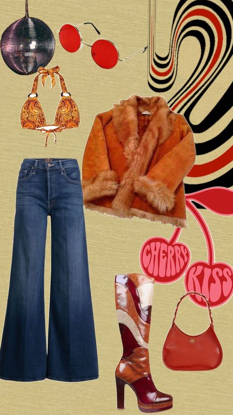 #aesthetic #groovy #70s #disco #outfit #outfitinspo #cherry 70s New Years Eve Outfit, Disco 70s Outfit, 70 Disco Party Outfit, Disco Aesthetic Outfit, 70s Disco Aesthetic, Disco Inspired Outfits, Hippie Outfits Aesthetic, 70s Disco Party Outfit, 60s Disco