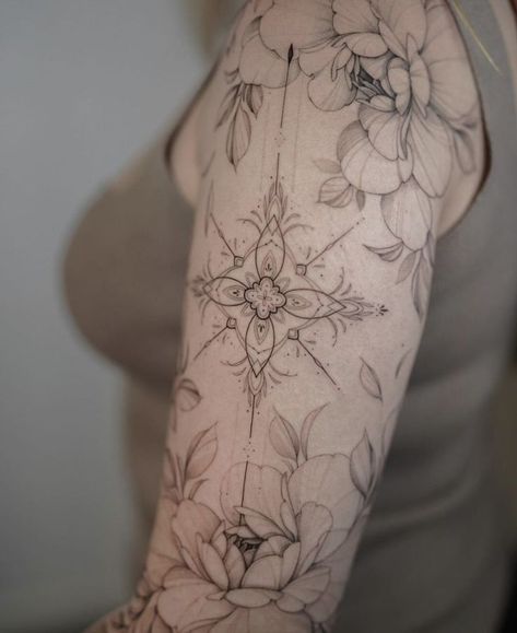 Big Fine Line Tattoo Ideas, Flower Tattoos Peony, Arm Tattoo Flowers, Floral Ornamental Tattoo, Flowers And Mandala, Hand And Finger Tattoos, Tattoo Flowers, Floral Tattoo Sleeve, Flower Tattoo Sleeve