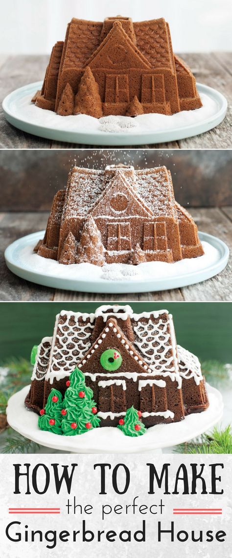 Gingerbread House making made easy! Create your own gingerbread house cake using our Gingerbread House Bundt and add all your favorite candy decorations for a creative display! Great activity for the kids without the extra ingredients. Nordicware Gingerbread House, Nordic Gingerbread House, Ginger Bread Cake Christmas, Ginger Bread Bundt Cake Recipes, Gingerbread Cake House, Cake Gingerbread House, Gingerbread House Cake Ideas, Christmas House Cake, Nordic Ware Gingerbread House