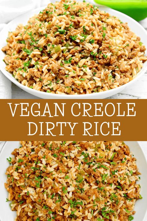 Dirty Rice ~ Bring a taste of New Orleans to the table! This Creole-style dish is packed with strong, spicy, and rich flavors of Louisiana. via @thiswifecooks Vegetarian Dirty Rice, Vegan Dirty Rice Recipe, Mississippi Food, Dirty Rice Recipe, Vegan Ground Beef, Buttered Vegetables, New Orleans Recipes, Dirty Rice, Rice Ingredients