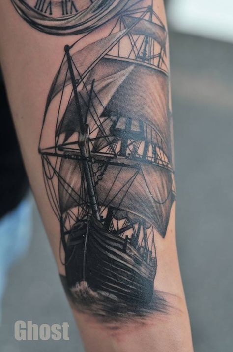 old ship tattoo by mil5 Old Ship Tattoo, Pirate Ship Tattoos, Boat Tattoo, Old Ship, Pirate Tattoo, Rune Tattoo, Kunst Tattoos, Biomechanical Tattoo, Nautical Tattoo