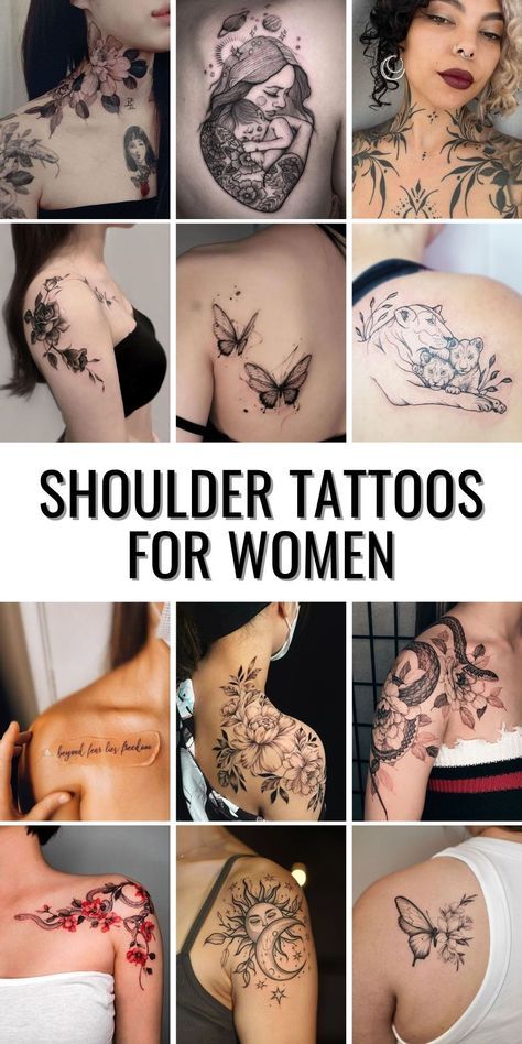 Women Floral Shoulder Tattoo, Shoulder Tattoos For Women Unique With Meaning, Feminine Clavicle Tattoos, Tattoos For Shoulders Women, Sleeve Shoulder Tattoos For Women, Shoulders Tattoo Women, Majestic Tattoos For Women, Shoulder Chest Tattoos For Women, Minimalist Tattoo Shoulder