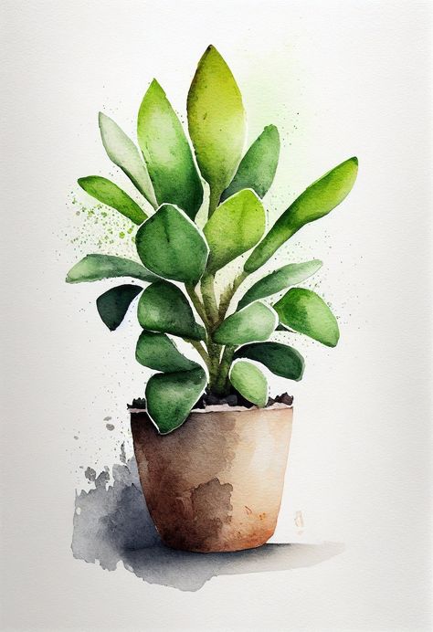 Potted Plant Calm Watercolor - Etsy Green Painting Inspiration, Calming Watercolor Painting, Watercolor Art Plants, Leave Painting, Green Plant Painting, Watercolor Potted Plants, Green Watercolor Painting, Painting Plants, Plant Drawings