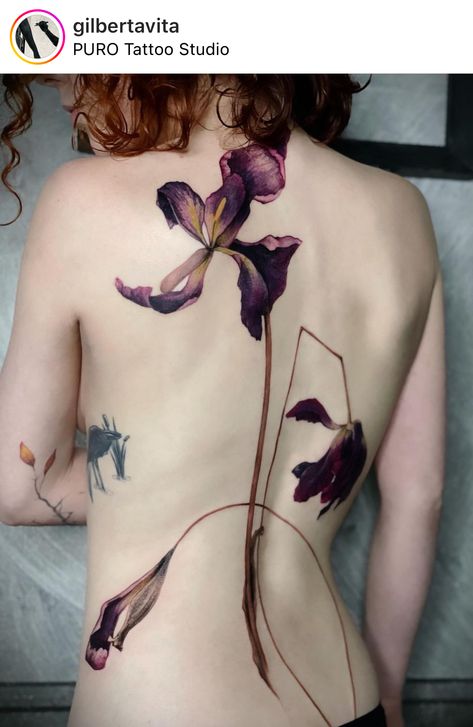 Sick Back Tattoos For Women, Painterly Tattoo, Floral Back Tattoos Color, Flowers Tattoo Back, Garden Tattoo Back, Back Tattoo Feminine, Flower Body Art, Symmetrical Tattoo Back, Back Tattoo Flowers Women