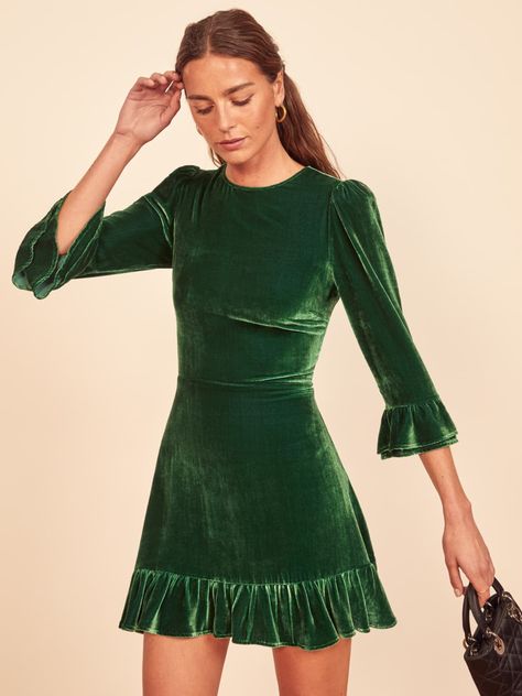 $248 10/15/20 Mountain Dress, Elegant Green Dresses, Ruffle Velvet Dress, Velvet Flares, Emerald Green Dresses, Green Velvet Dress, Form Fitting Dress, Slim Fit Dresses, Mini Velvet Dress