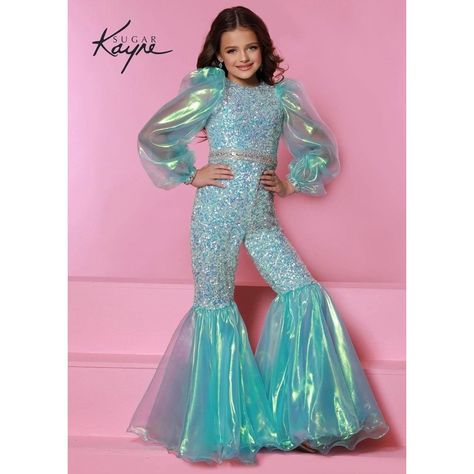 Johnathan Kayne Childrens Sequin Jumpsuit Tags: Semi Formal Wedding Guest, Pageant, Tall Height, C307, Johnathan Kayne, Sequined, Size 10, Floor Length, Jumpsuit, Size M, Blue Iridescent Organza, Organza Puff Sleeves, Organza Styles, Bell Bottom Jumpsuits, Frocks For Kids, Pageant Outfits, Johnathan Kayne, Gaun Fashion, Dance Outfit