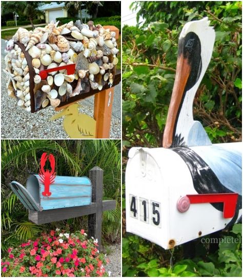 25 Awesome & Unique Coastal & Nautical Mailboxes & Mailbox Art | DIY & Shop Coastal Mailbox, Nautical Mailbox, Mailbox Art, Recycle Bottles, Upcycle Bottles, Coastal Table Decor, Mailbox Planter, Coastal Ideas, Sea Life Theme